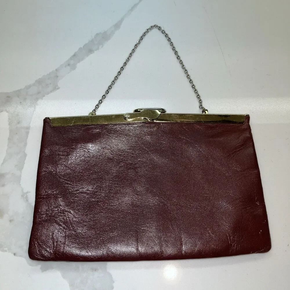 Vtg Etra Clutch Purse Chain Strap Burgundy Brown Envelope Hand Bag Leather Lined